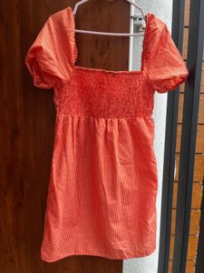 Orange Gingham Puff Sleeve Dress