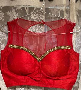 Crimson Red Raw Silk &amp; Net Padded Blouse