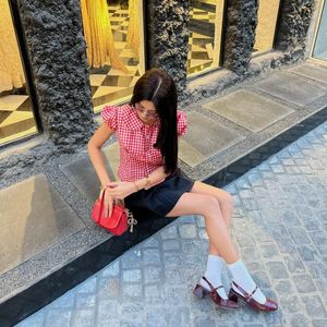 Red Gingham Puff Sleeve Blouse