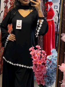Elegant Black Kurta Set with Floral Lace