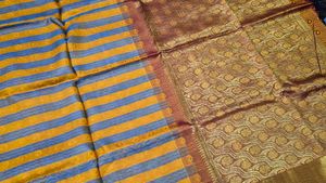 Elegant Yellow &amp; Grey Striped Saree