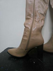 leather Beige Knee-High Boots