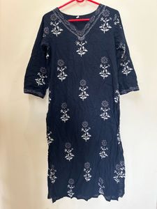 Navy Floral Embroidered Kurti