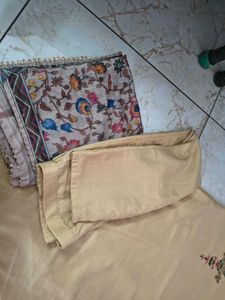 Elegant Beige Embroidered Kurta Set with Scarf