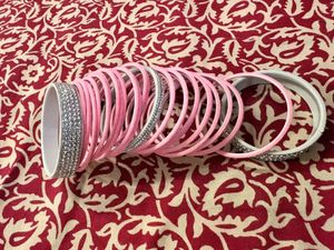 Set of Pink Velvet Bangles with rhinestones Chur
