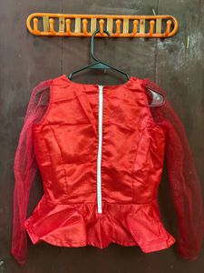 Red Peplum Blouse with Glitter Sleeves