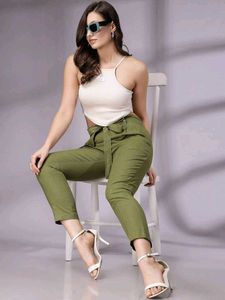 Olive Green Paperbag Waist Tie Knot Pants Trouser