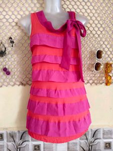 Pink &amp; Coral Tiered Tank Top with Bow Detail