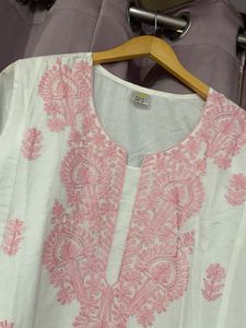 White Kurta wth Pink Embroidery
