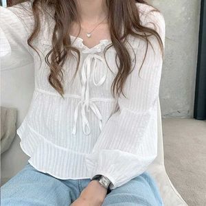 Korean White Long Sleeve Tie-Front Top