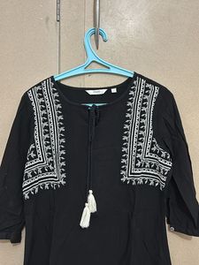 Black Embroidered Tassel Blouse