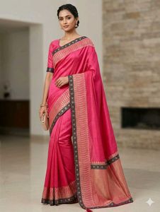 Vibrant Pink Silk Saree with Black Border