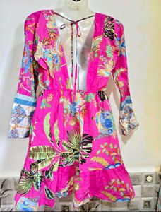 Vibrant Pink Floral Mini Dress Size S-M 32"-36"
