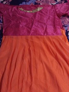 Beautiful Orange &amp; Pink Semi stiched Gown