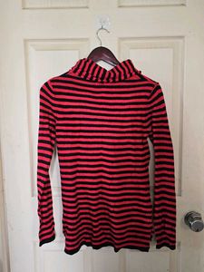 Striped Turtleneck Top with Button Detail