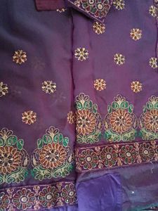 Embroidered Purple Saree with ready blouse
