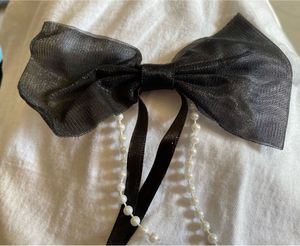 Black Organza Bow Hair Clip with Pearl Strings