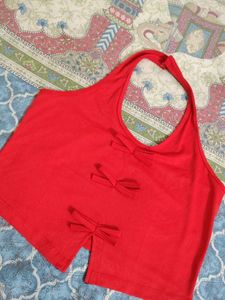 Red Halter Neck Top with Bow Details