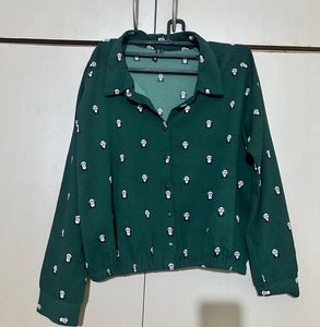 Green Panda Print Button-Up Shirt