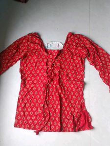 Red Printed Cotton Short Kurti