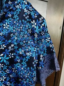 Blue Floral Print Satin Short Sleeve T-shirt