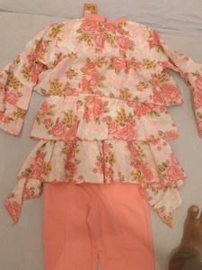 Floral Print Peplum Top with Coral Pants Set