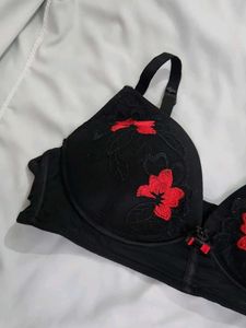 Floral Embroidered Black Bra