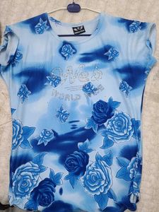 Blue Rose Print Casual T-Shirt