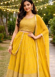 Yellow color lhega choly heavy sequin 3psc set