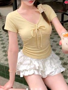 Cute Yellow V-Neck bow Tie Top