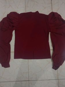 Maroon Puff Sleeve Mock Neck Top