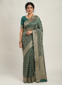 Elegant Teal Saree with Leaf Motif