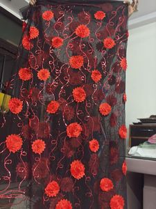 Black Net with Red Floral Sequins fabric