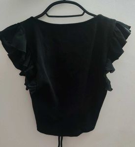 ZARA Black Ruched V-Neck Top with Ruffle Sleeves