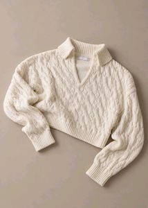 CREAM CABLE KNIT COLLARED CROPPED SWEATER