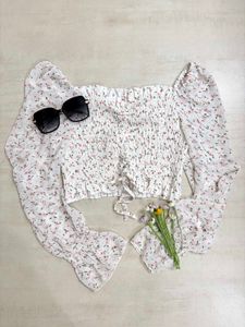 Floral Smocked Crop Top with Puff Sleeves