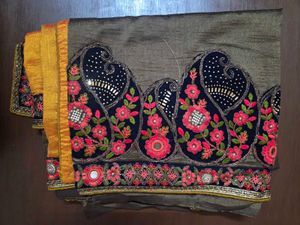 Embroidered yellow and charcoal Silk Saree