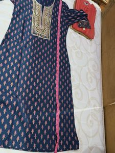 Navy Blue Kurta with Pink Floral Print