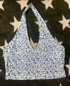 Blue Floral Halter Neck Crop Top