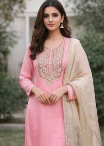 Elegant Peach Embroidered Dress Material