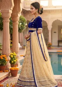 Elegant Royal Blue Velvet Blouse &amp; Net Lehenga