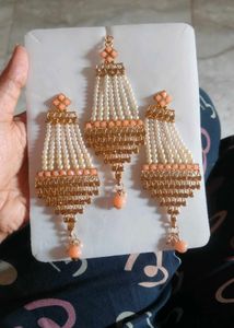 Elegant Pearl &amp; Peach Kundan Jewellery Set