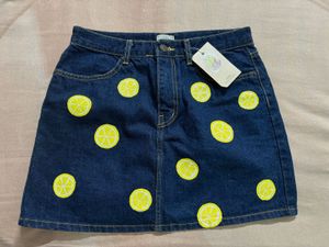 Cute Lemon Print Denim Skirt