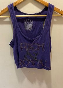 Purple Rhinestone Ribbed Tank Top
