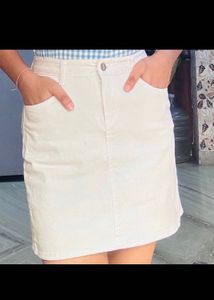 White Denim Mini Skirt With Pockets