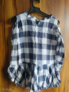 Blue &amp; White Checkered Cold Shoulder Top