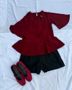 Chic Burgundy Peplum Top with Bell Sleeve
