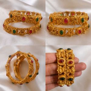 Elegant Gold Plated Bangles with Red & Green Stone