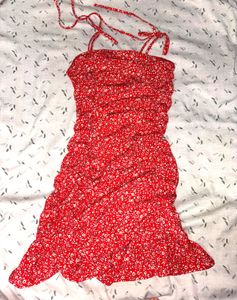 Cute Red Floral Print Ruched Mini Dress