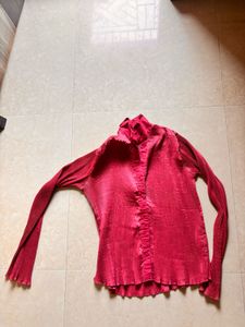 Red Pleated Long Sleeve Top